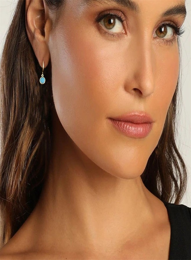 Dtja Dainty Bezel Hoop Earrings for Women Girls 925 Sterling Silver Hypoallergenic 6mm Round CZ Birthstone Charms Dangle Drop Cartilage Small Hoops Huggie Jewelry Cute Birthday Holiday Homecoming BFF Gifts (Gold Turquoise) - Image 3